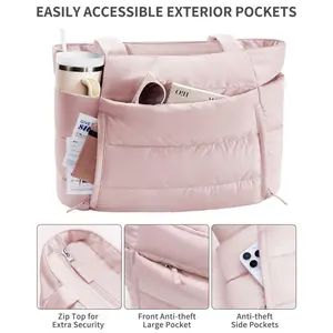 Puffer Tote Bag for Women with Makeup Bag, Large Work Tote Laptop Bag, Lightweight Travel Tote Bag with Zipper Gifts for Women Teacher Nurse Quilted Shoulder Bag for School Gym