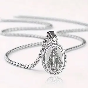 Collar de Acero Inoxidable Plateado/ Dorado para Mujeres/Hombres, Joyería Católica  con Colgante de Cruz y Medalla Milagrosa
