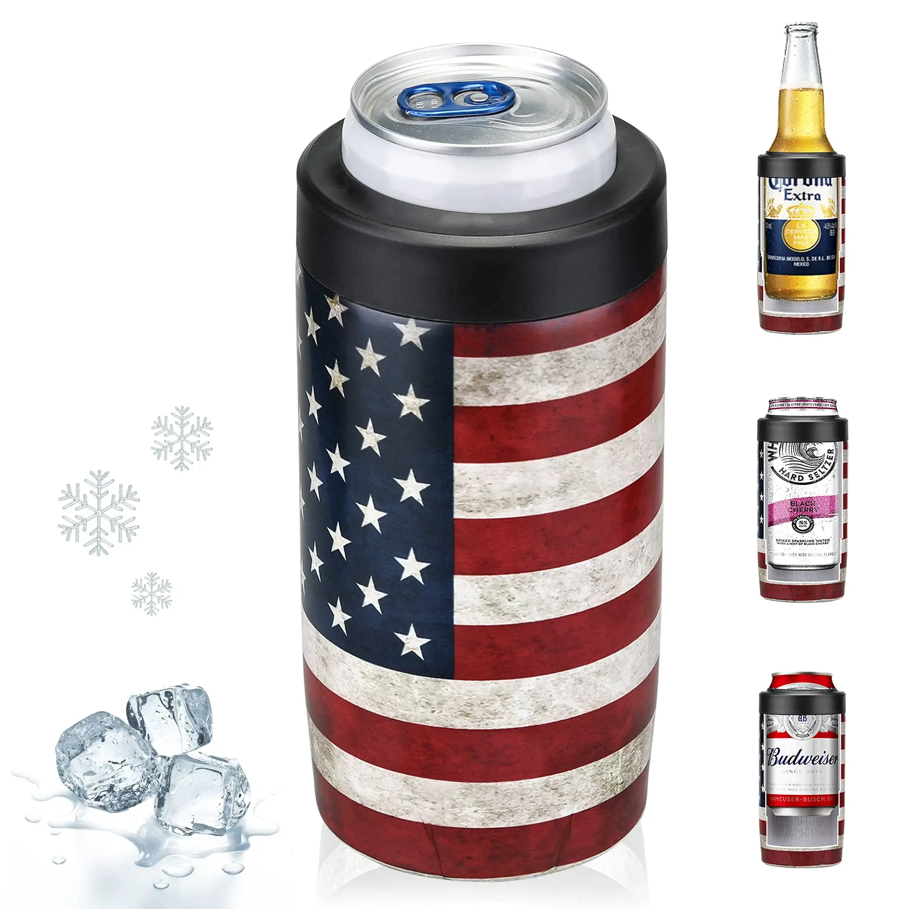 Slim Can Cooler, 4-in-1 Double Walled Stainless Steel Insulated Beer Can Holder, Works With All 12 Oz Cans,Bottles & As A Pint Cups - America Flag