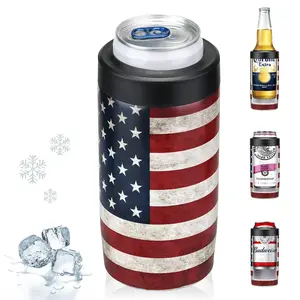 Slim Can Cooler, 4-in-1 Double Walled Stainless Steel Insulated Beer Can Holder, Works With All 12 Oz Cans,Bottles & As A Pint Cups - America Flag