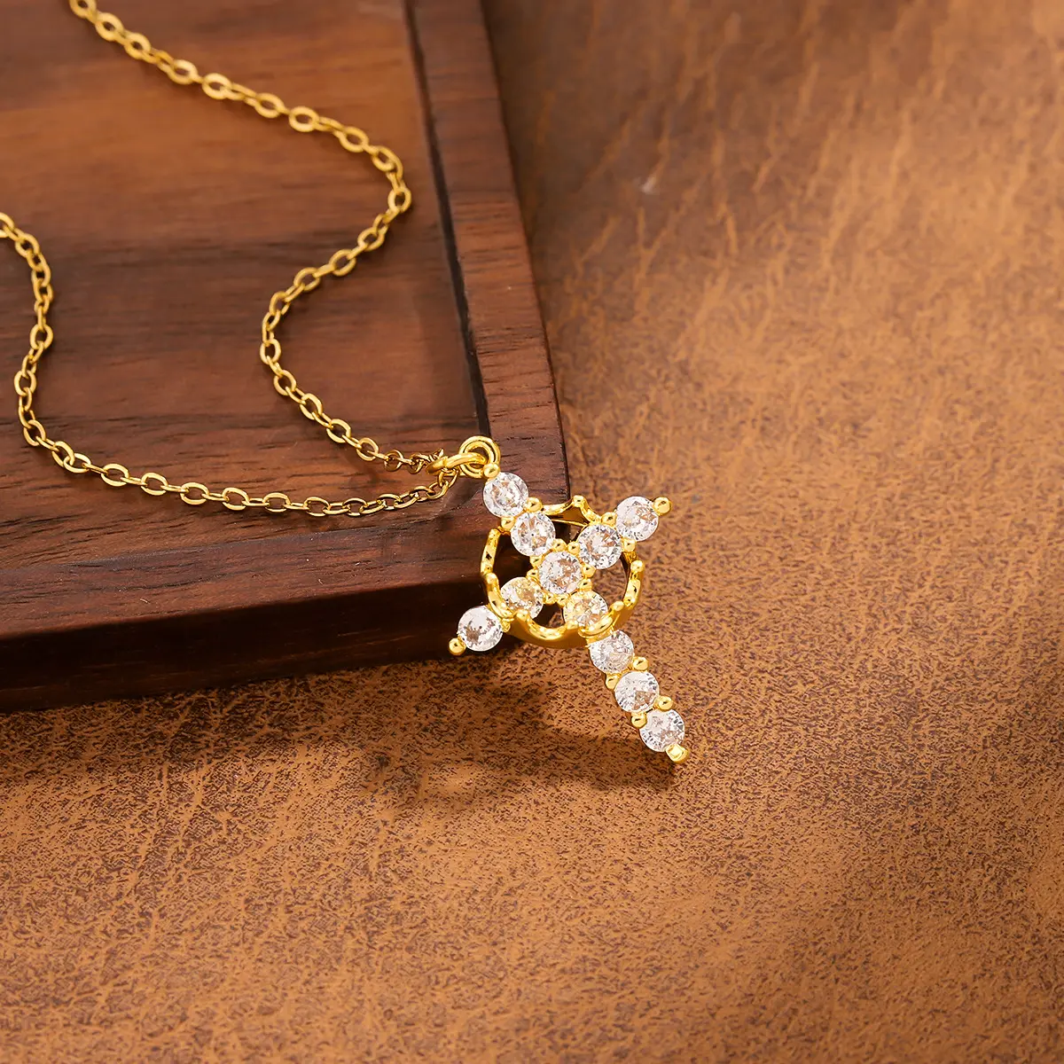 Silver Crown Cross Necklace with Created Diamond Jesus Pendant, Dainty Christian Jewelry for Women’s Baptism, Confirmation Gifts