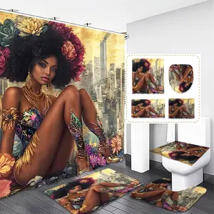 1/4pcs African Women Pattern Polyester Durable Shower Curtain Set, Includes 4 Pieces, Bath Mat, Toilet Seat Cover, U-Shaped Pad, Unique Home Decor