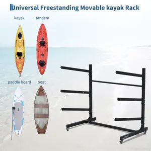 4-Tier Freestanding Kayak Storage Rack, Heavy Duty Metal Stand with Adjustable Wheels, Rust Resistant Double Layer Holder for Kayaks Canoes SUPs Surfboards Indoor Outdoor Garage
