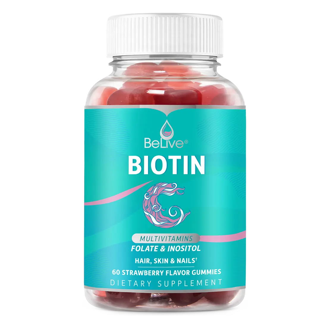 BeLive Biotin Gummies with MultiVitamins, Folate, Inositol – Supports Hair Growth, Healthy Skin & Nails – Vegan, Pectin Based – Strawberry Flavor (1)