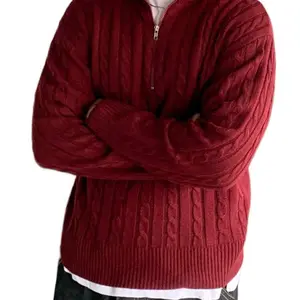 Quarter Zip Knit Sweater for Men - Burgundy Cable Knit Design with Zipper Closure