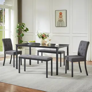 5-Piece Dining Set with Table, 2 Padded Chairs, 2 Benches - Space-Saving Rustic Style for Kitchen or Dining Room, Gray and Black