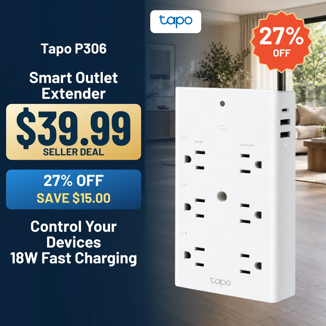 TP-Link & Tapo P306 Smart Plug Outlet Extender, Surge Protector, 18W Fast Charging, 3 Individual Smart Outlets, 1x USB-C & 2X USB-A, Smart Night Light, Works w/Apple HomeKit, Alexa & Google Home  #SummerWins #DealsForYouDays, Universal Socket, Rectangle