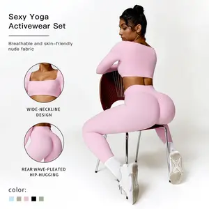 Women's 2-Piece Sweatsuit Set, Solid Long Sleeve Crop Top & High Waist Leggings, Breathable Quick-Dry Nylon Spandex Activewear for Yoga