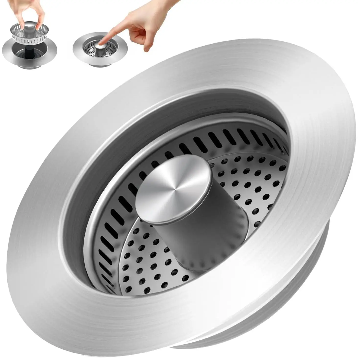 3 in 1 Kitchen Sink Drain Strainer, 304 Stainless Steel Pop-Up Sink Drain Stopper with Strainer Basket, Fast Drain Deodorizing Anti-Clog for Standard 3-1/2 in Drain Bathroom Sink Stopper Silver