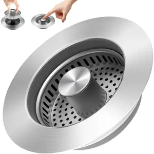 3 in 1 Kitchen Sink Drain Strainer, 304 Stainless Steel Pop-Up Sink Drain Stopper with Strainer Basket, Fast Drain Deodorizing Anti-Clog for Standard 3-1/2 in Drain Bathroom Sink Stopper Silver