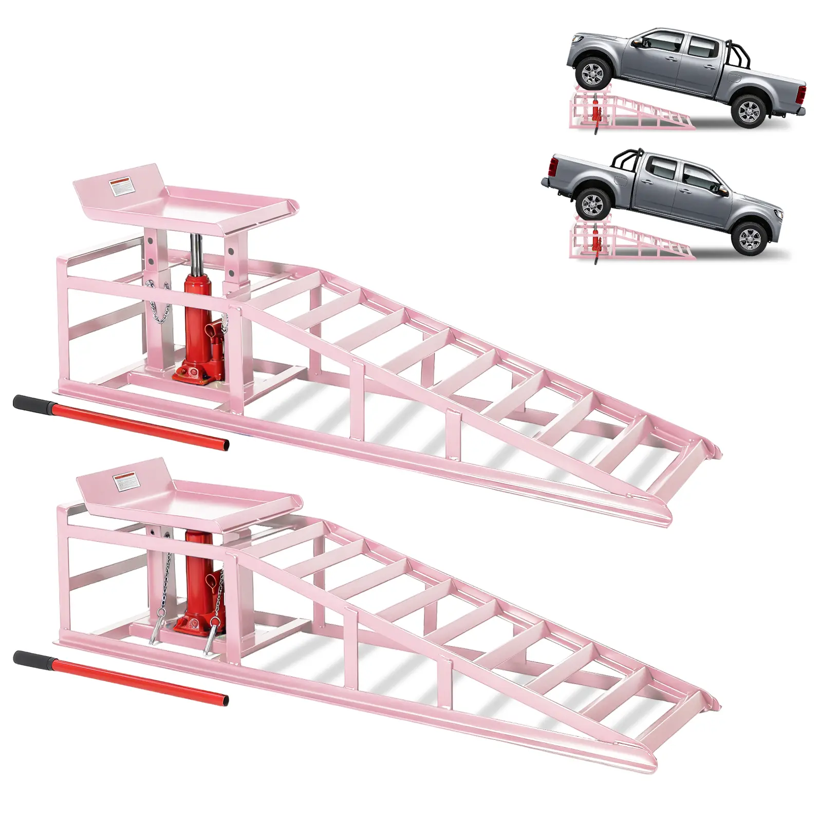 Two sets of heavy-duty hydraulic vehicle lifting ramps with a capacity of 11050 pounds (5 tons), low profile steel, adjustable height lifting (9.4-13.34 inches), oil change and garage maintenance service ramps