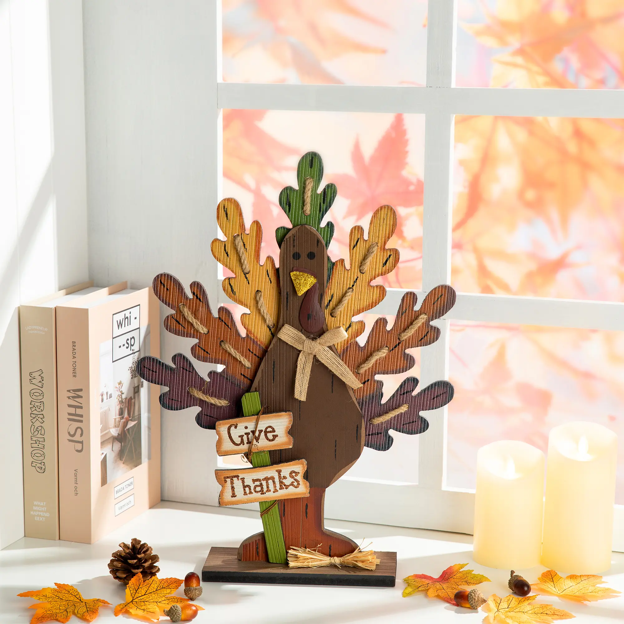 Glitzhome 18.25"H Burlap/Wooden Turkey Table Decor