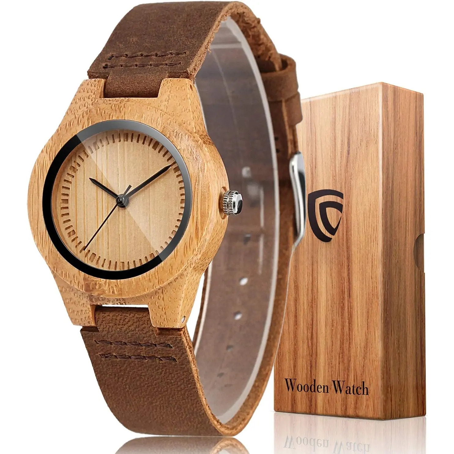 Womens Wooden Bamboo Watches Brown Genuine Cowhide Leather Strap Wristwatch with Gift Box
