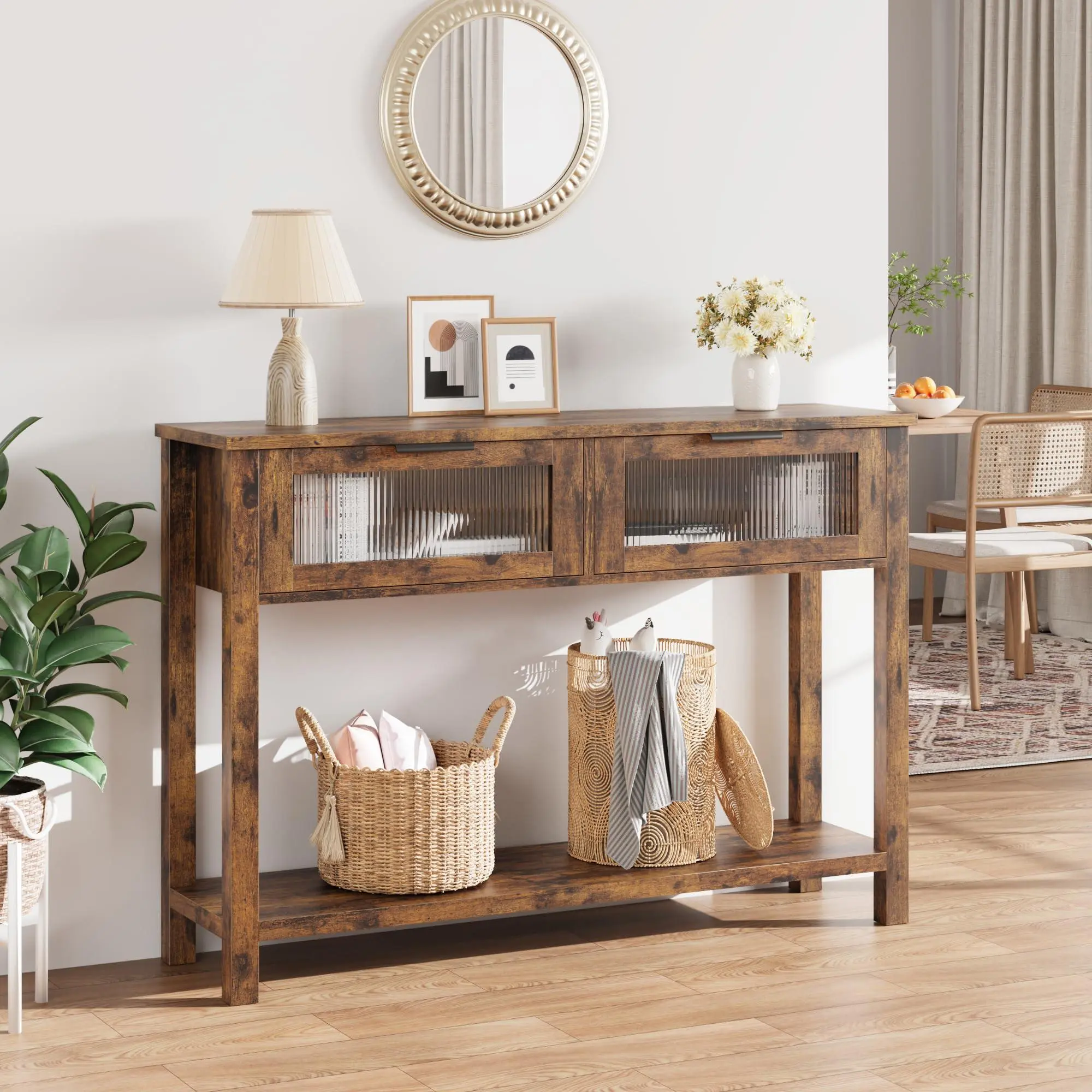 GARVEE Entryway Table, Wood Console Table with 2 Glass Drawers, 2 Tier Sofa Table with Storage for Living Room, Foyer Tables for Entryway-Vintage