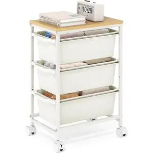 Rolling Storage Cart with 3 Drawers, Craft Organizer, Wooden Tabletop Utility Cart for Bedroom, Children's Room and Office Organization, Under Desk Trolley with Lockable Wheels,White