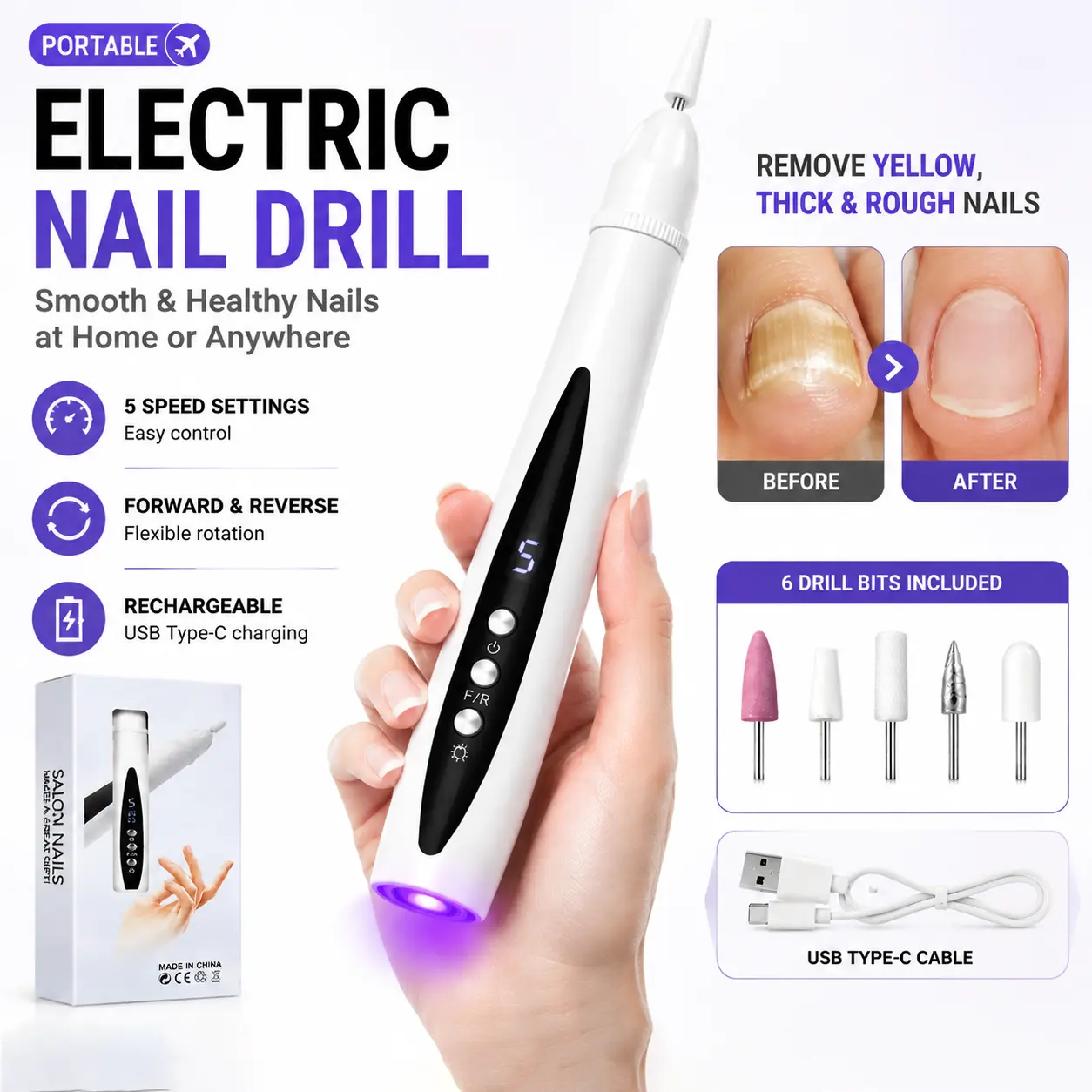 Electric Nail Drill for Thick Nails, Cordless Efiles for Fungal Nails, Lightweight Nail Care Tool for Nail Repair, Professional Grinder for Toenails, Manicure Pedicure Device, Portable Electric File for Home Use Handle
