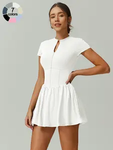 Women's Sportswear Jumpsuit, Front Split Zipper Tennis Dress, Short Sleeve Waist Cinch, High Elasticity, Breathable, Anti-Sweat, Shape-Wearing