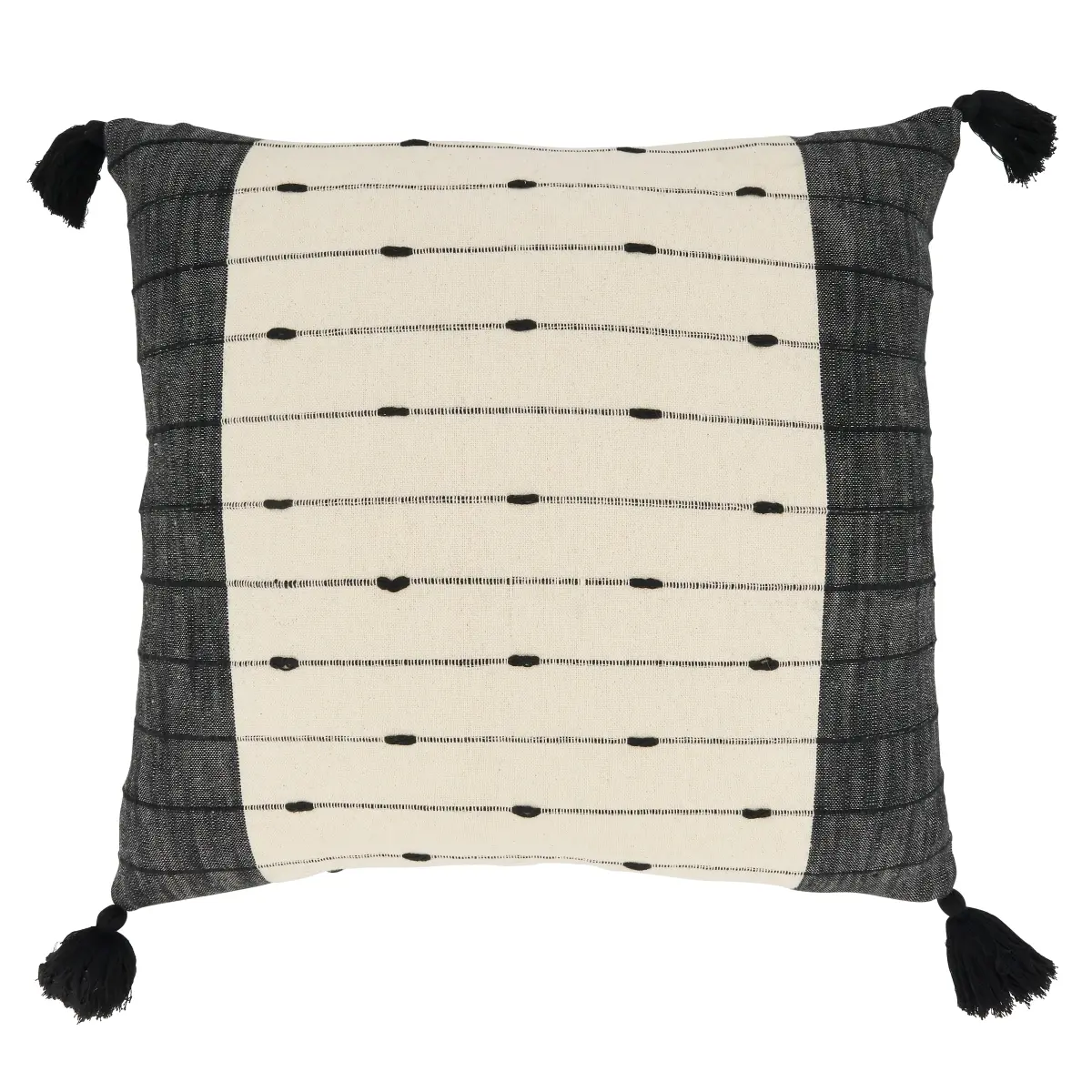 20 in. Tassel Trim Stripe Square Down Filled Throw Pillow, Black & White