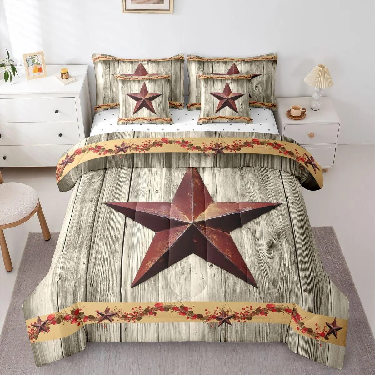 Western Texas Star 7 Pieces Bedding Set,Retro Farmhouse Barn Comforter Set for Teens Kids Bedroom Terracotta Star Print Comforter with Sheets Rustic Vintage Grain Duvet Insert