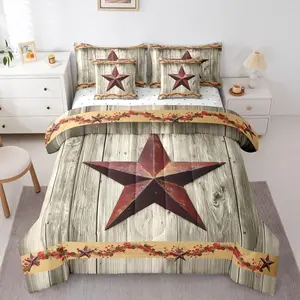 Western Texas Star 7 Pieces Bedding Set,Retro Farmhouse Barn Comforter Set for Teens Kids Bedroom Terracotta Star Print Comforter with Sheets Rustic Vintage Grain Duvet Insert