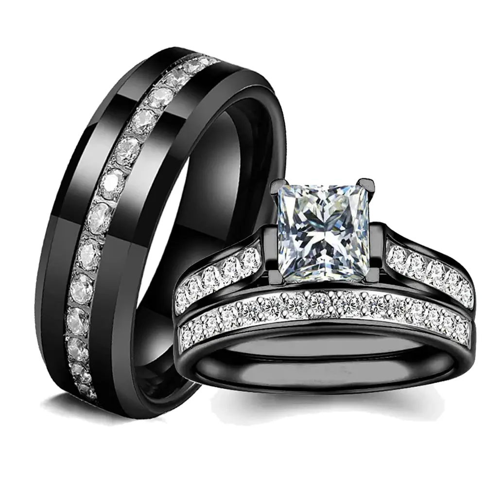 Fashion Couple Rings, Women's White Rhinestones Zircon Ring Sets Men's Stainless Steel Zircon Stones Rings, Wedding Band Jewelry