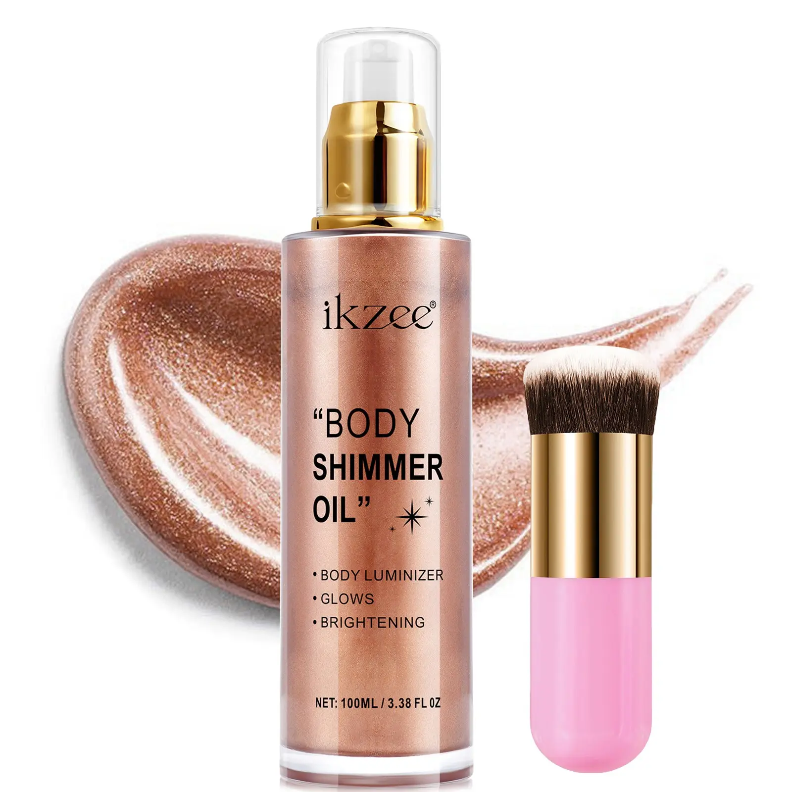 Ikzee Body Glitter Oil 100 ml with brush, rose gold shine, long-lasting, Shimmering body glitter, perfect for parties, concerts, daily use, instant glamour