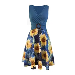 Women’s bohemian fitted flared V-neck sundress with sunflower print, spring casual sleeveless short skirt, holiday wear women’s clothing, women’s clothing GARMENTARY