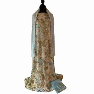 Royal Bloom Driya Handcrafted Timeless Elegance 3pcs Unstitched Fabric Aqua Blue & Teal Blue with Gold-Stitched Floral Motifs for Bridal Weddings