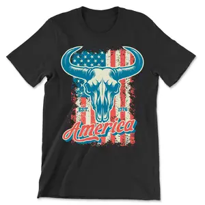 Vintage America 1776 T-Shirt Bison Skull USA Flag Retro Tee - Short Sleeve Crew Neck Cotton Top for Summer Unisex Casual Streetwear