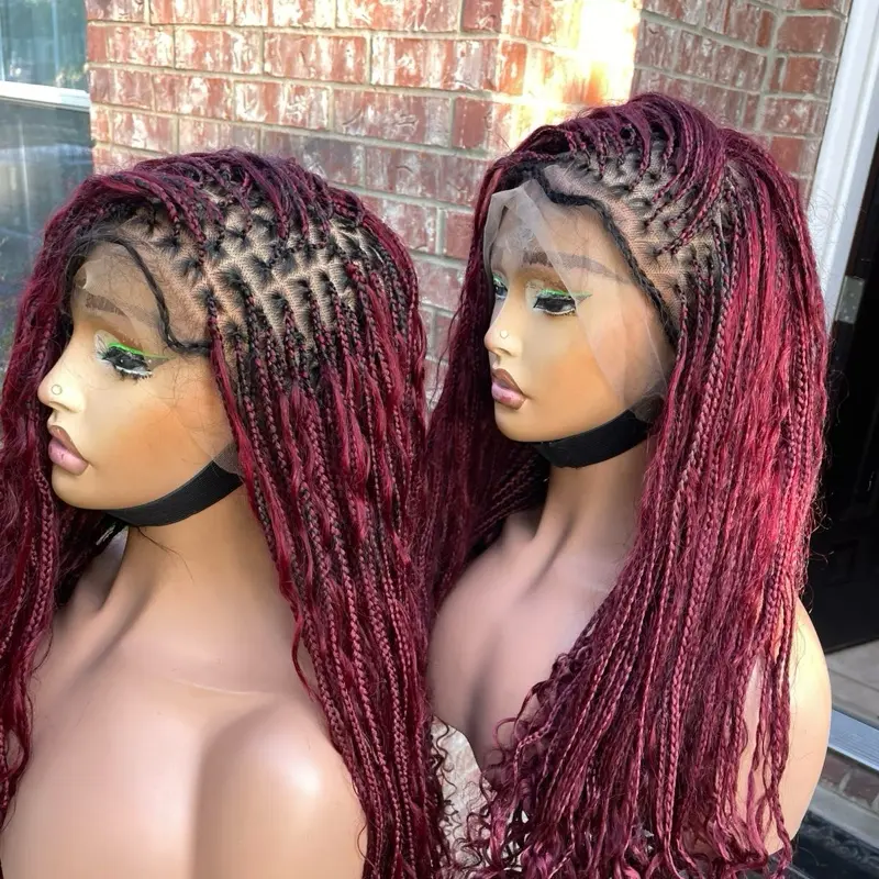 360 boho braids with human hair curls in burgundy. 20 inches, very  water friendly. small cap 20-21 inches