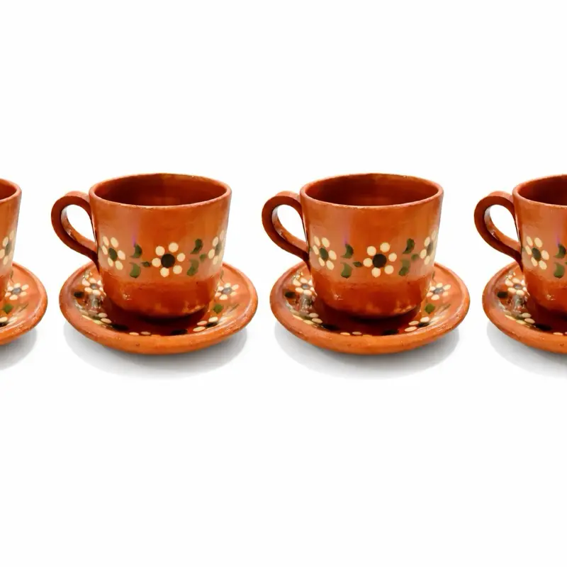 Mexican Terra Cota Traditional 4pc Coffee Mugs with 4 Plates 4 Tazas de Barro Mexicano con 4 Platos