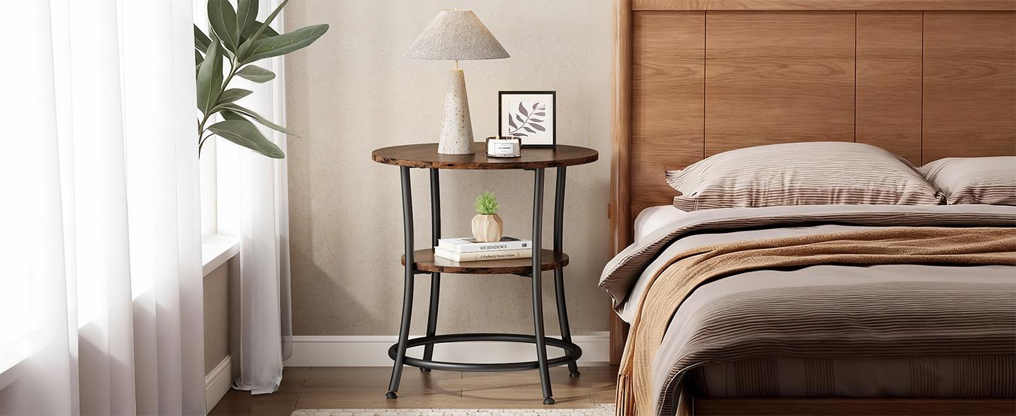 2-Tier Side Round Table for Living Room, Accent End Table with Storage Shelf,Sturdy Metal Frame Nightstand for Small Space, Round Bedside
