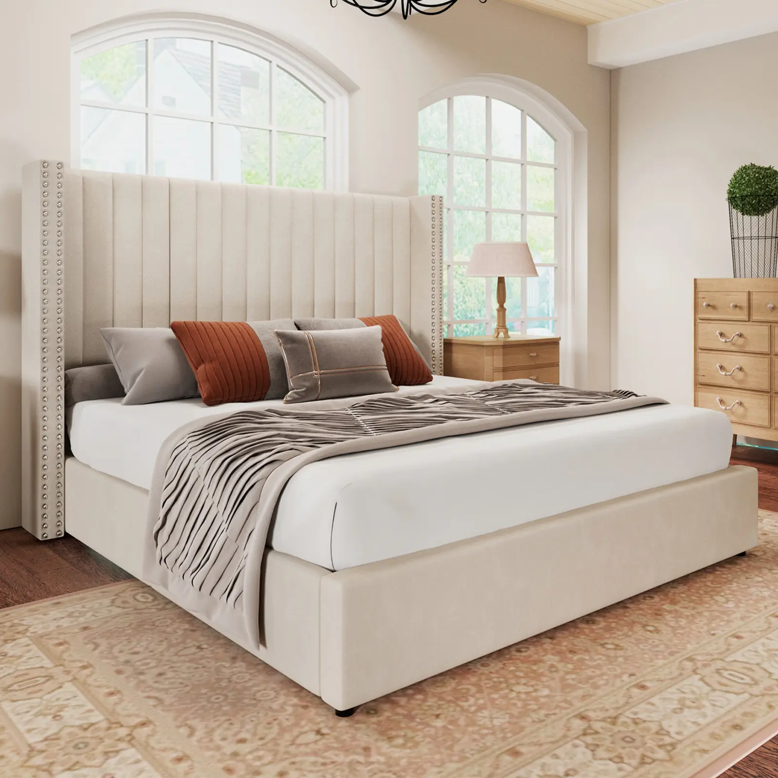 VanAcc Bed Frame with Headboard Lift Up Storage Bed, Velvet Upholstered Bed Frame Channel Tufted Wingback Headborad