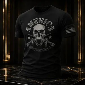 America Support Crew Skull Rifle Shirt, Patriotic Military Graphic Tee, Veteran Support Shirt, USA Flag Sleeve Shirt, Tactical Skull Gun Shirt, Freedom Liberty Tee, Men Women Unisex Gift, Fourth of July Shirt