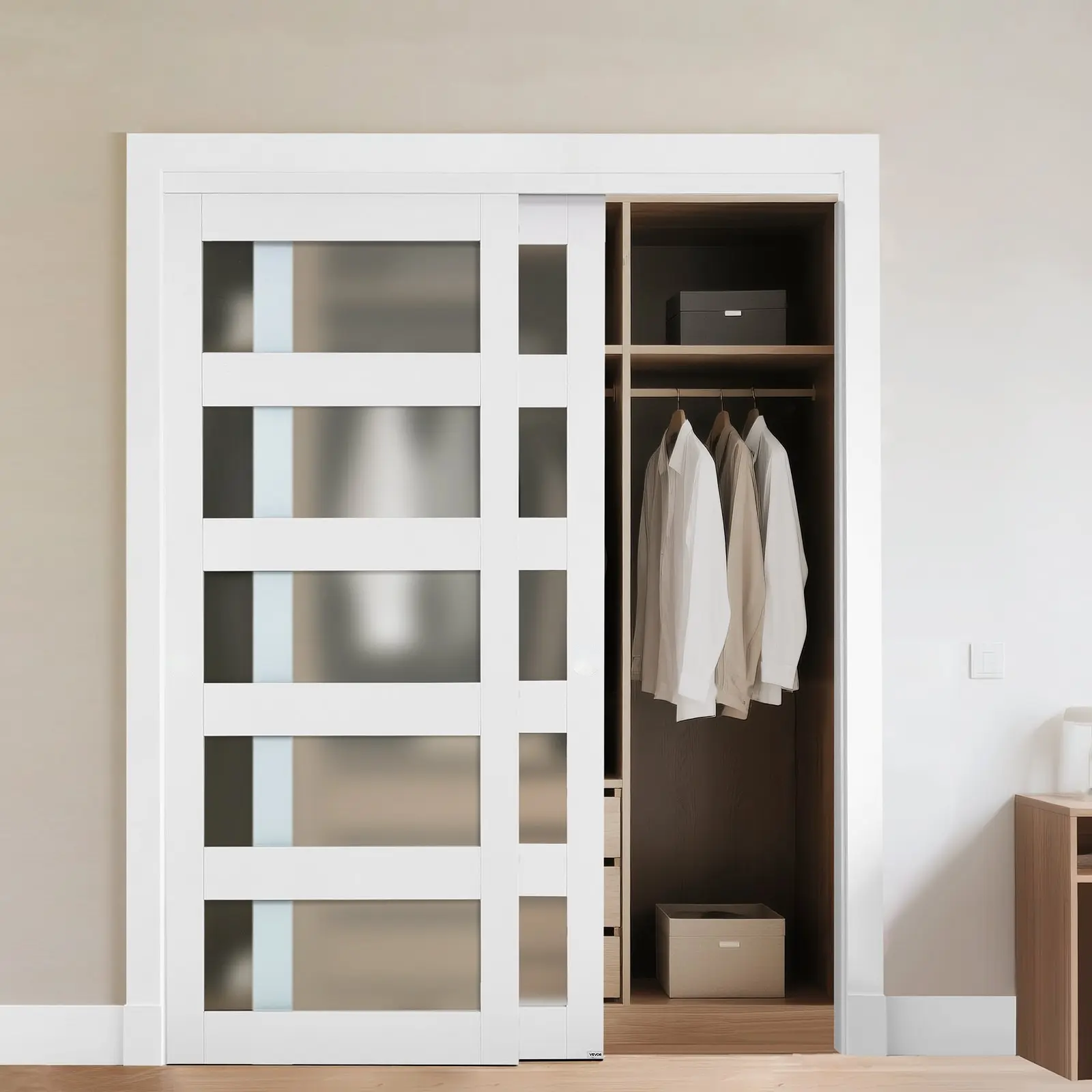 Sliding Closet Door, 60 Inches Wide With Double 31-Inch Panels, 80 Inches High, 5-Lite Frosted Glass Bypass Door For Interior Closets, Reinforced Aluminum Frame, Smooth Silent Sliding Track, Durable Construction, Easy Installation