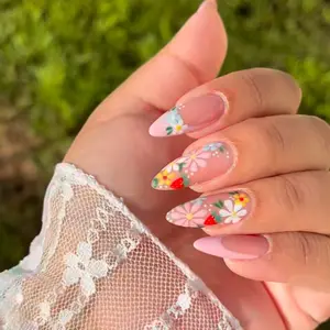 Spring Summer Water Drop Shape Reusable Nail Wraps, Sweet Fashion Press-On Nails, Flower Design Nails, Perfect for Picnic Party Wear, Includes Jelly Glue