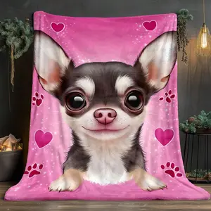 Adorable Chihuahua Puppy Print Pink Blanket with Hearts & Paw Prints – Soft Cozy Throw for Pet Lovers
