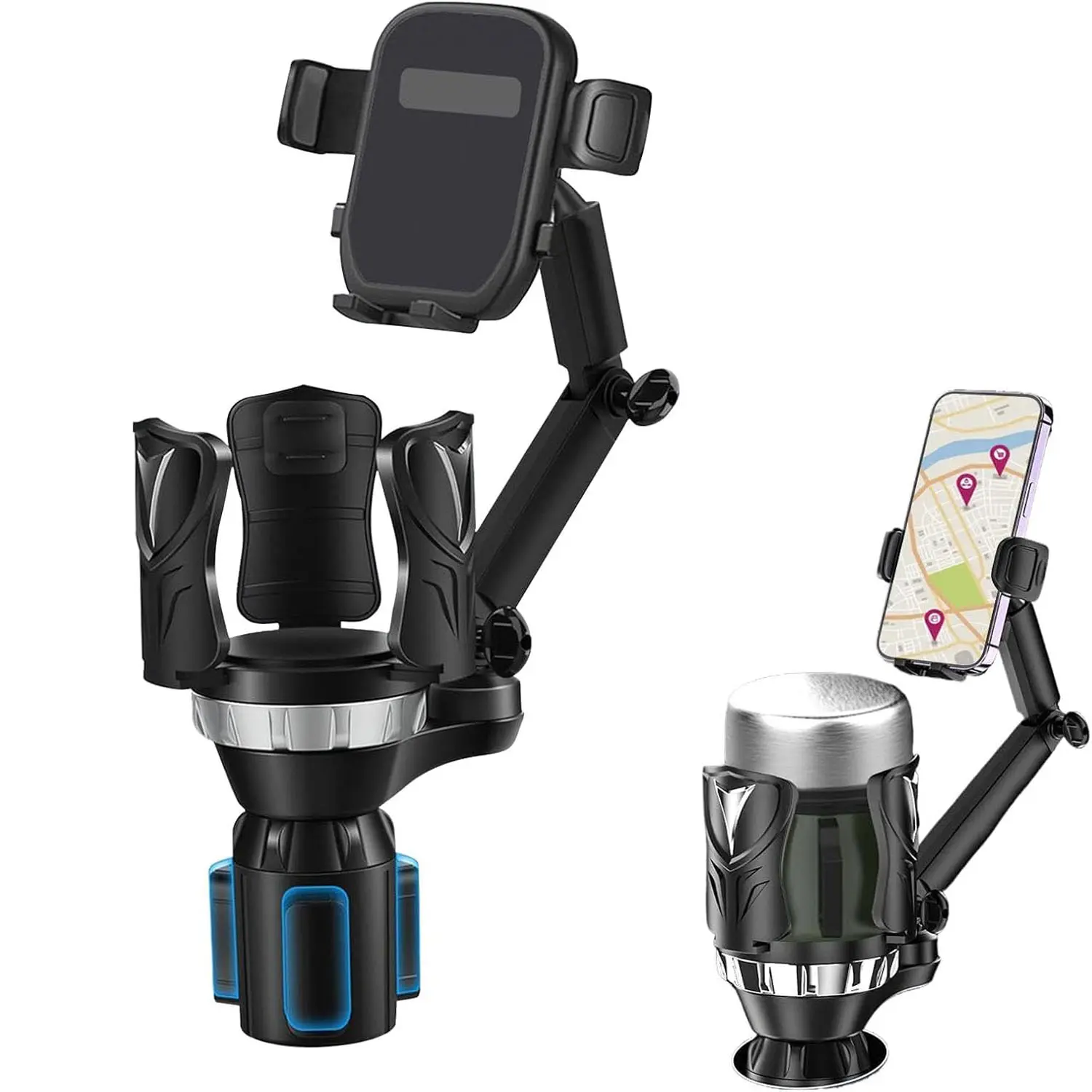 Cup Holder Phone Mount, 2 in 1 Universal Cup Holder Expander With Long Arm 360°Rotation Cup Phone Holder for Car Fits For All 4-7” iPhone Galaxy Smartphones and Under 4.7inch Wide Most Bottles