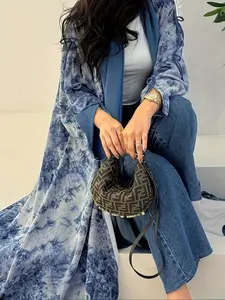 Women's Floral Print Open Front  Abaya with Hijab, Casual Long Sleeve Outerwear for Daily Wear, Ladies Clothes for Summer, Abaya Dress Set, Watercolor abaya set