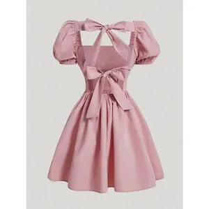 Women's Cute Solid Color Back Bow Tie Decor Dress Summer Vacation Outfit