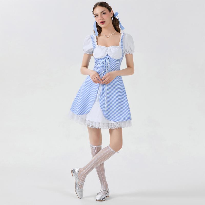 Women's Cosplay Sweetie Costume Short Puff Sleeve Lace Hem Plaid Corset Party Dress