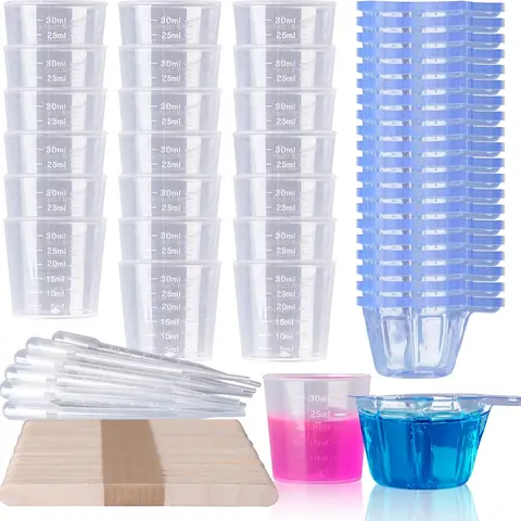Epoxy Mixing Cups Kit, 200Count, Plastic, 30ml Disposable Measuring Cups, 50 Wooden Stirring Sticks, Dropper for Paint Mixing, Jewelry Making - LET'S RESIN