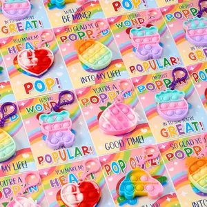 30 Packs Valentines Day Gift Cards with Pop Bubble Keychains, 6 Designs Mini Colored Pop, Multi-Shape Stress Relief Fidget Toys for Kids Valentine's Party Favors and Classroom Gift Exchange