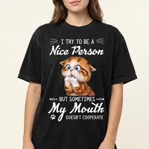 Comfort Colors 1717 Funny Cat Graphic T-Shirt “I Try To Be A Nice Person But Sometimes My Mouth Doesn’t Cooperate” Cute Cat Lover Tee Sarcastic Humor Shirt Unisex Vintage Washed Cotton Casual Streetwear Gift Idea USA Trendy Tee Quote Style Tshirt