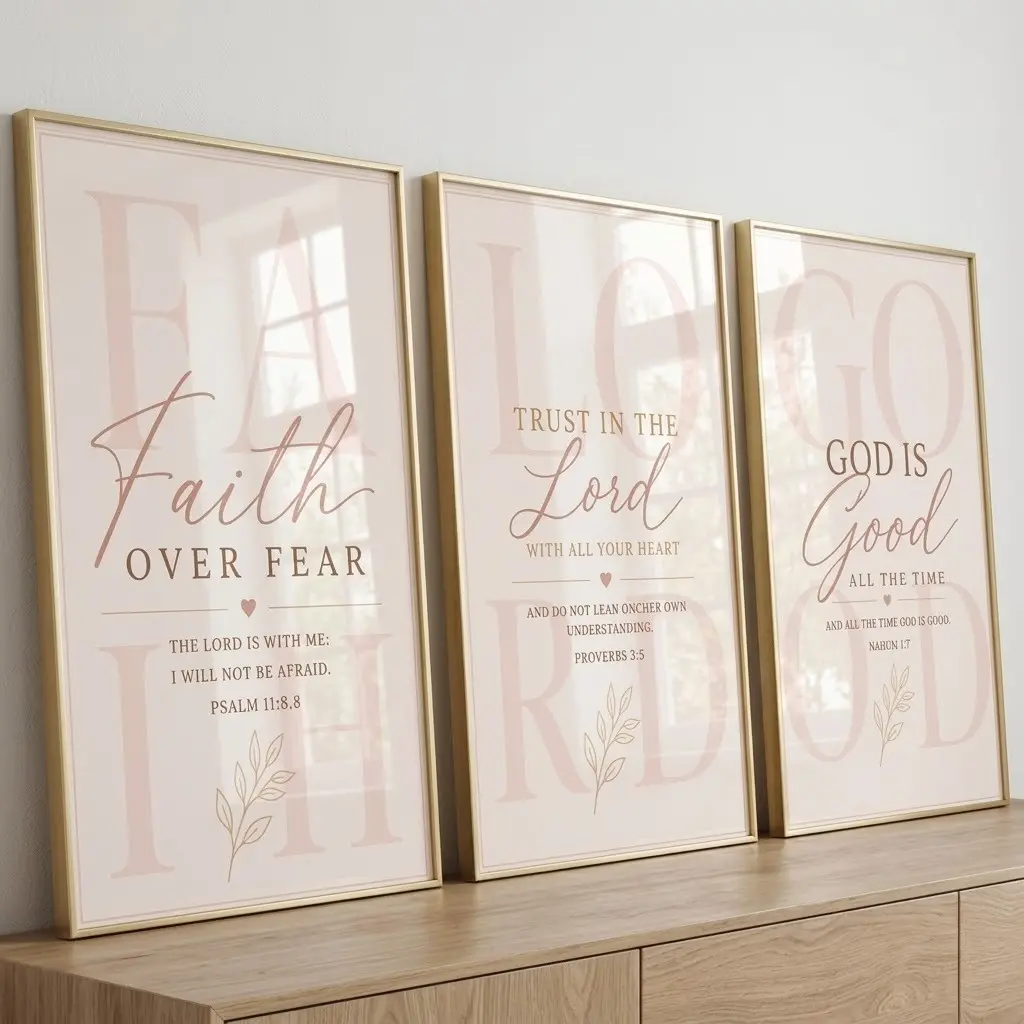 3-Piece Pink Christian Unframed Wall Art Posters, Bible Verse Prints - Faith Over Fear, Trust in the Lord, God is Good Feminine Home Decor