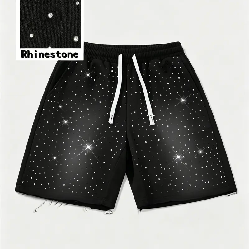 Men's Casual Sport Drawstring Shorts, Athletic Shorts Casual, Athleisure Street Shorts, Full Rhinestone Design, Regular Fit, Graphic Shorts for Summer Daily Wear and Outdoor Activities
