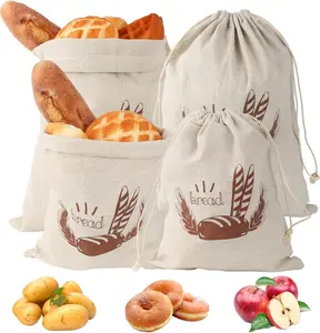 Pack of 4 Linen Bread Bags, Bread Bag with Drawstring, Bread Bag Storage Fresh, 25 x 30 cm / 30 x 38 cm Reusable Linen Bags for Bread, Baguette, Fruit, Vegetables