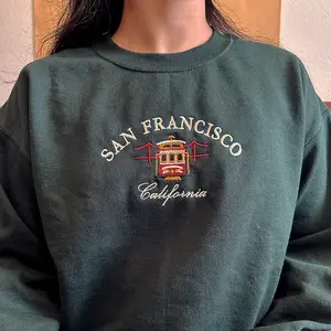 San Francisco Cable Car Embroidered Unisex Crewneck Sweatshirt, Vintage Inspired Pullover, Golden Gate Bridge Hoodie, Trolley Sweater