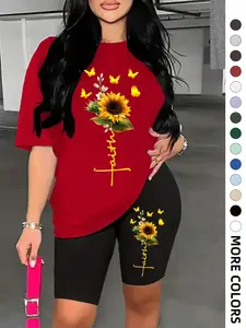 Two-Piece Set Women's Graphic Drop Shoulder Tee & Skinny Shorts Set, Floral Print Half Sleeve T-Shirt & Shorts, Casual Summer Clothes for Daily Wear