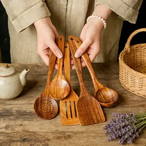 5pcs Natural Wood Cooking Utensils Set, Ergonomic Handles, Non-Porous Surface, Durable Fashion Kitchen Tools, Wooden Spoon Set, Perfect for Holidays